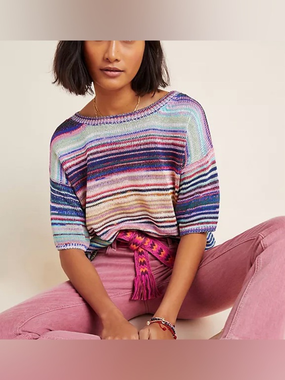 Anthropologie Rainbow-Stripe Scoop Neck Knit Top